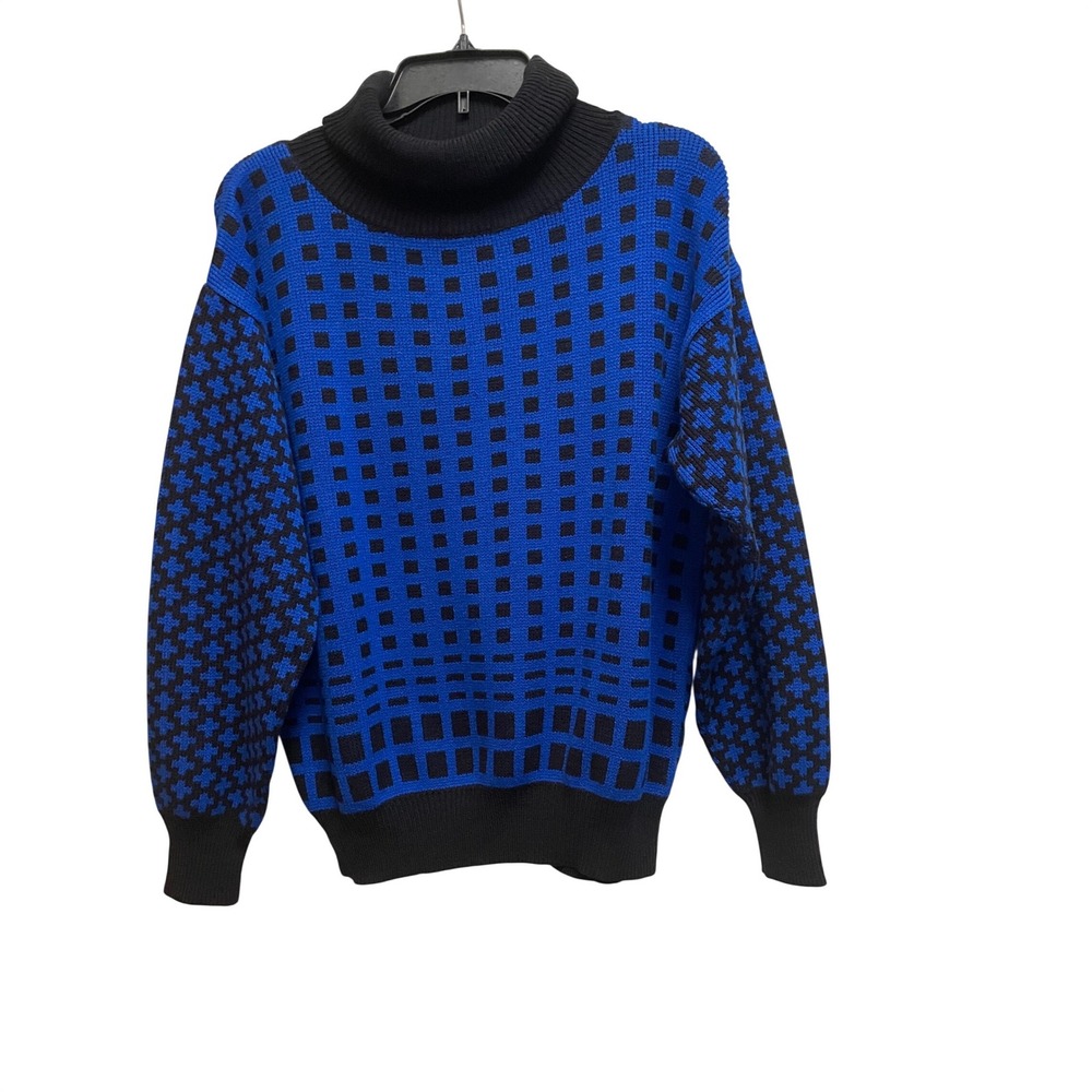 Vintage Motifs Women Blue Black Geometric Grid Turtleneck Knit Sweater m